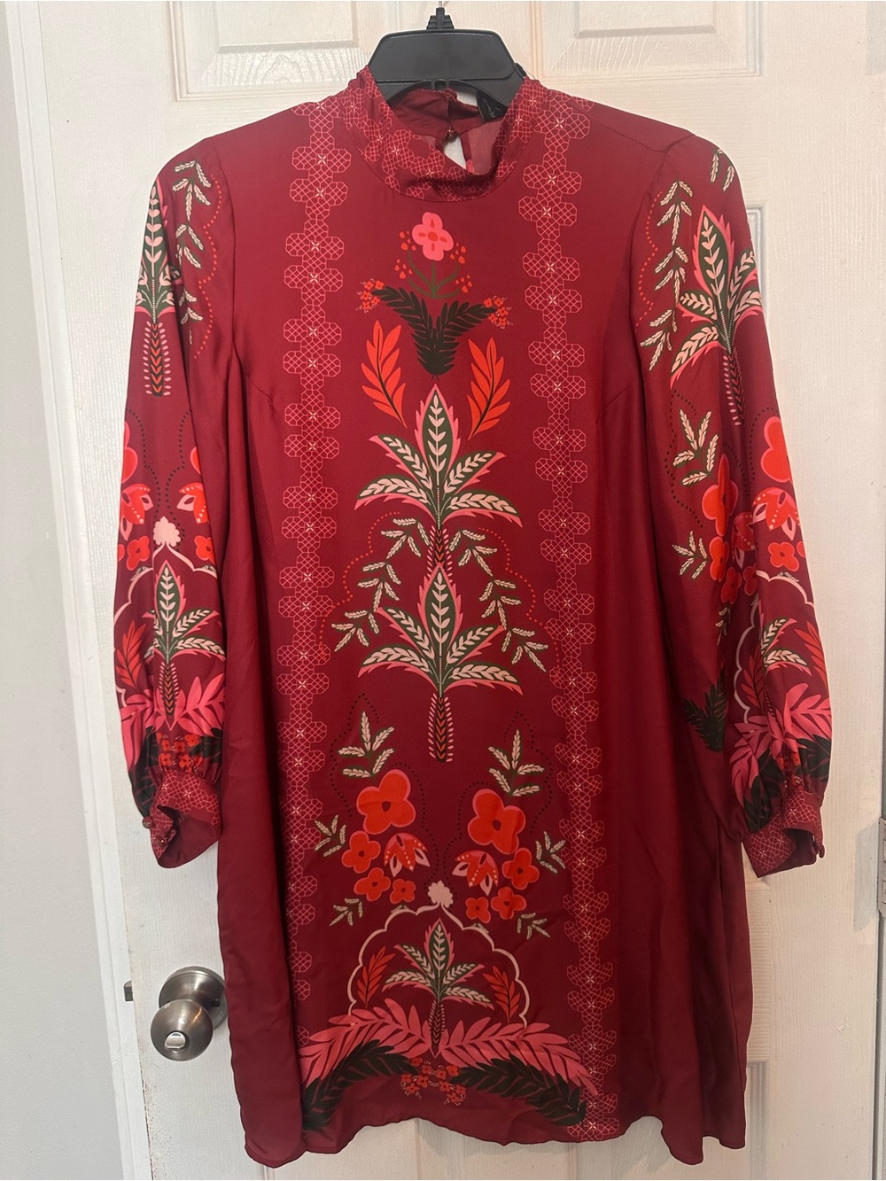 Johnny Was Burgundy Red Floral High-Neck Long-Sleeve Shift Dress
